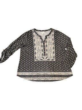 Style & Co Womens 2X Gray Tan Cream Floral Henley Pullover Tunic With Button-Tab